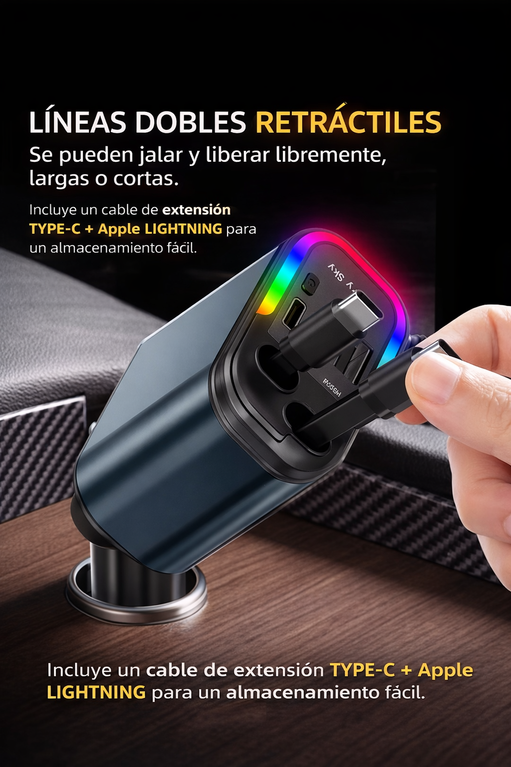 🚗 Cargador 4-1 para Carros con Luces LED – Potencia y Estilo en Cada Viaje⚡