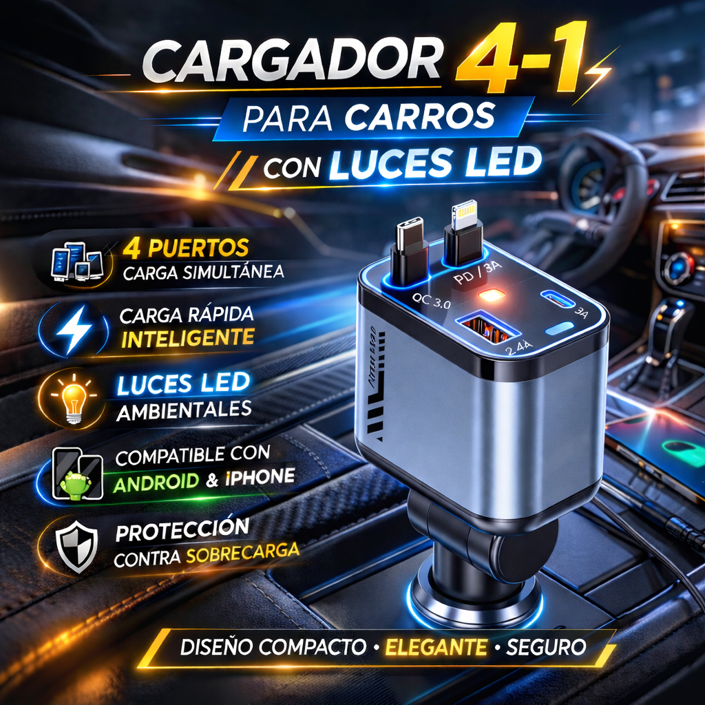 🚗 Cargador 4-1 para Carros con Luces LED – Potencia y Estilo en Cada Viaje⚡