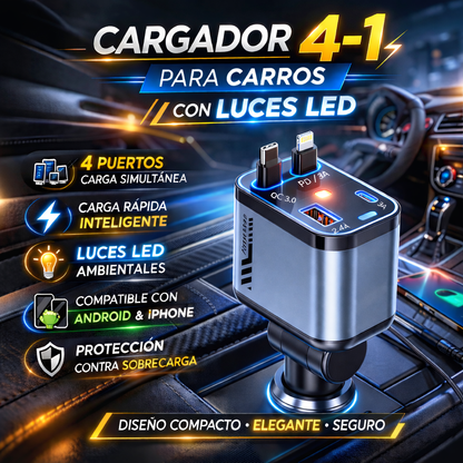 🚗 Cargador 4-1 para Carros con Luces LED – Potencia y Estilo en Cada Viaje⚡