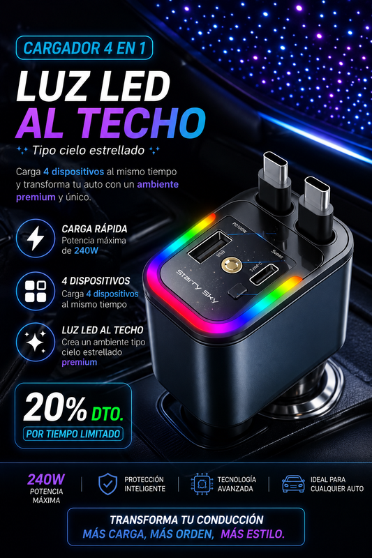 🚗 Cargador 4-1 para Carros con Luces LED – Potencia y Estilo en Cada Viaje⚡