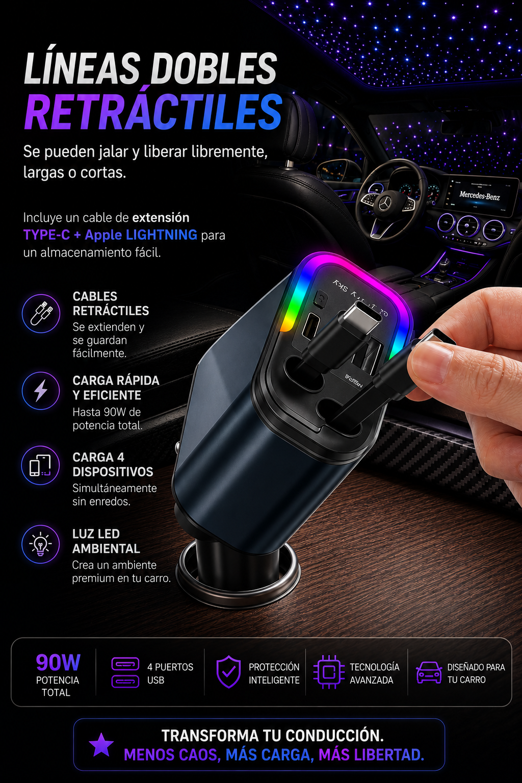 🚗 Cargador 4-1 para Carros con Luces LED – Potencia y Estilo en Cada Viaje⚡