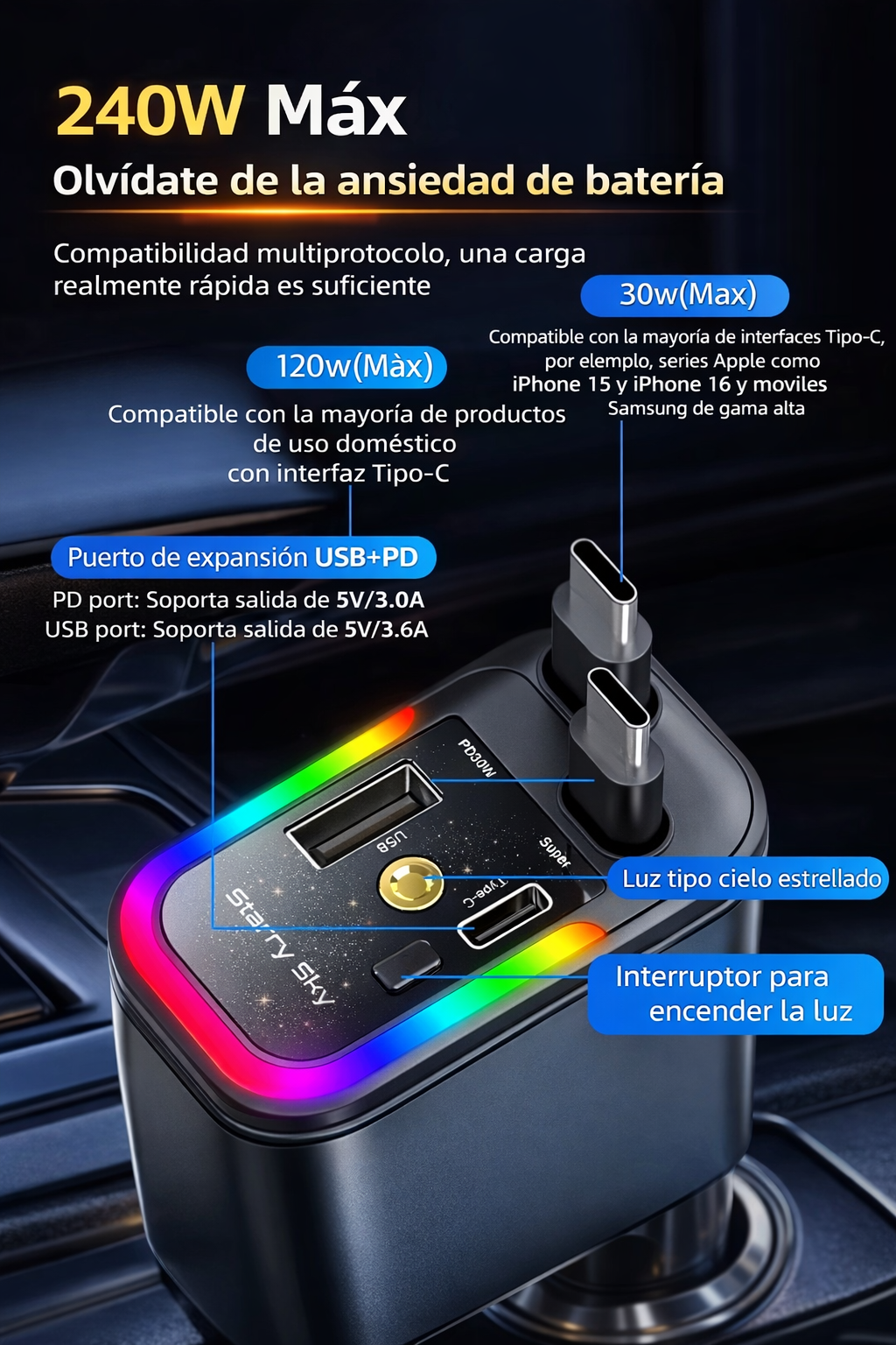 🚗 Cargador 4-1 para Carros con Luces LED – Potencia y Estilo en Cada Viaje⚡