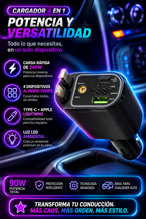 🚗 Cargador 4-1 para Carros con Luces LED – Potencia y Estilo en Cada Viaje⚡