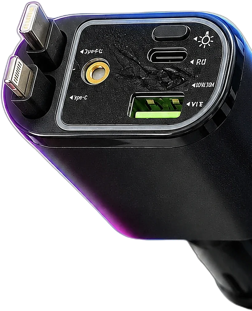 Cargador de carro con dos cables retráctiles, puertos USB, voltímetro y proyector de estrellas
